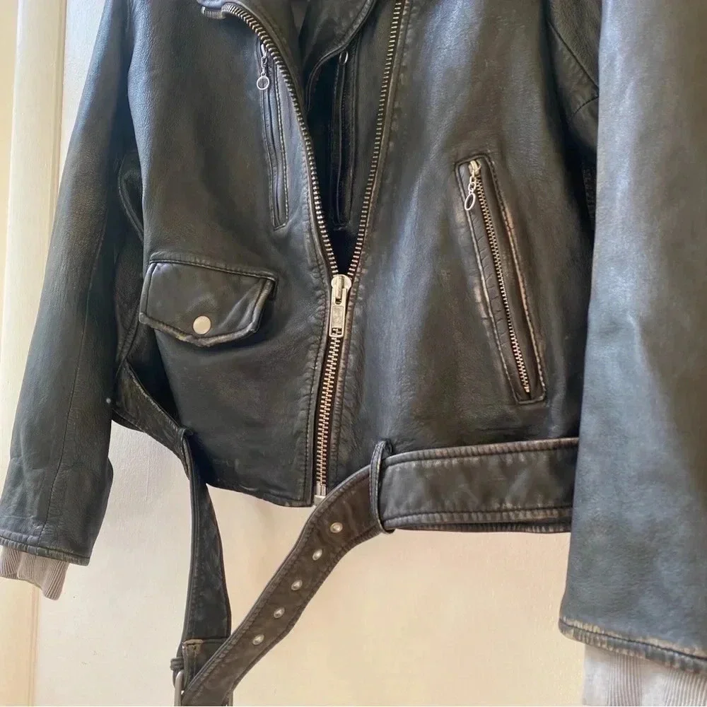 NWT Free People Leather Moto Jacket Hooded Black Gray We The Free